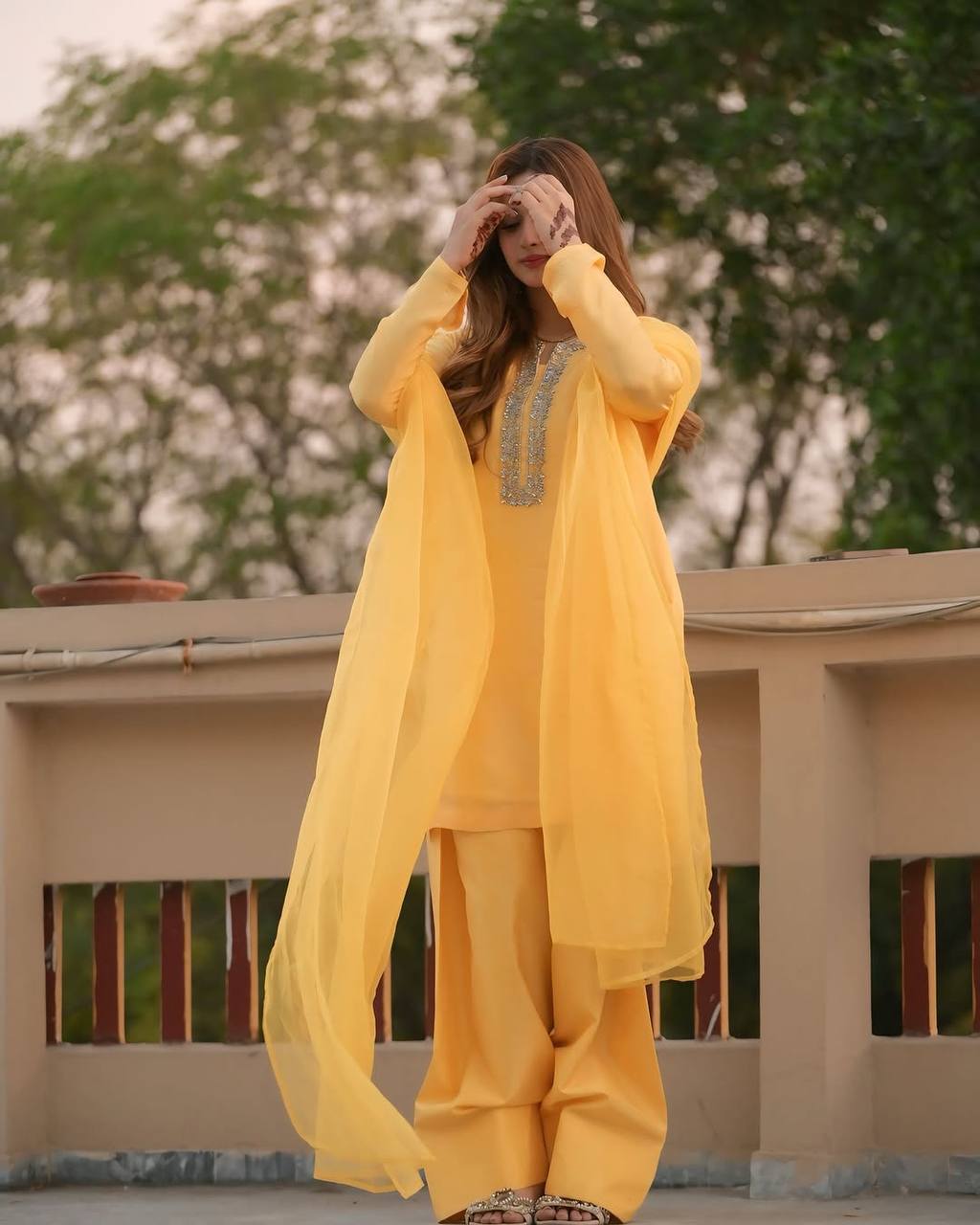 Stylish Yellow Color Faux Georgette And Embroidery With Hand work And Beads Salwar Suit