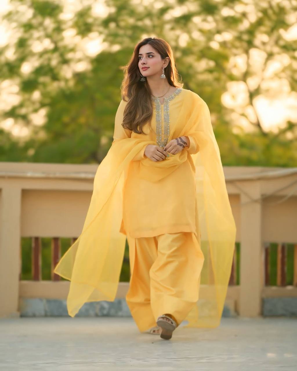 Stylish Yellow Color Faux Georgette And Embroidery With Hand work And Beads Salwar Suit