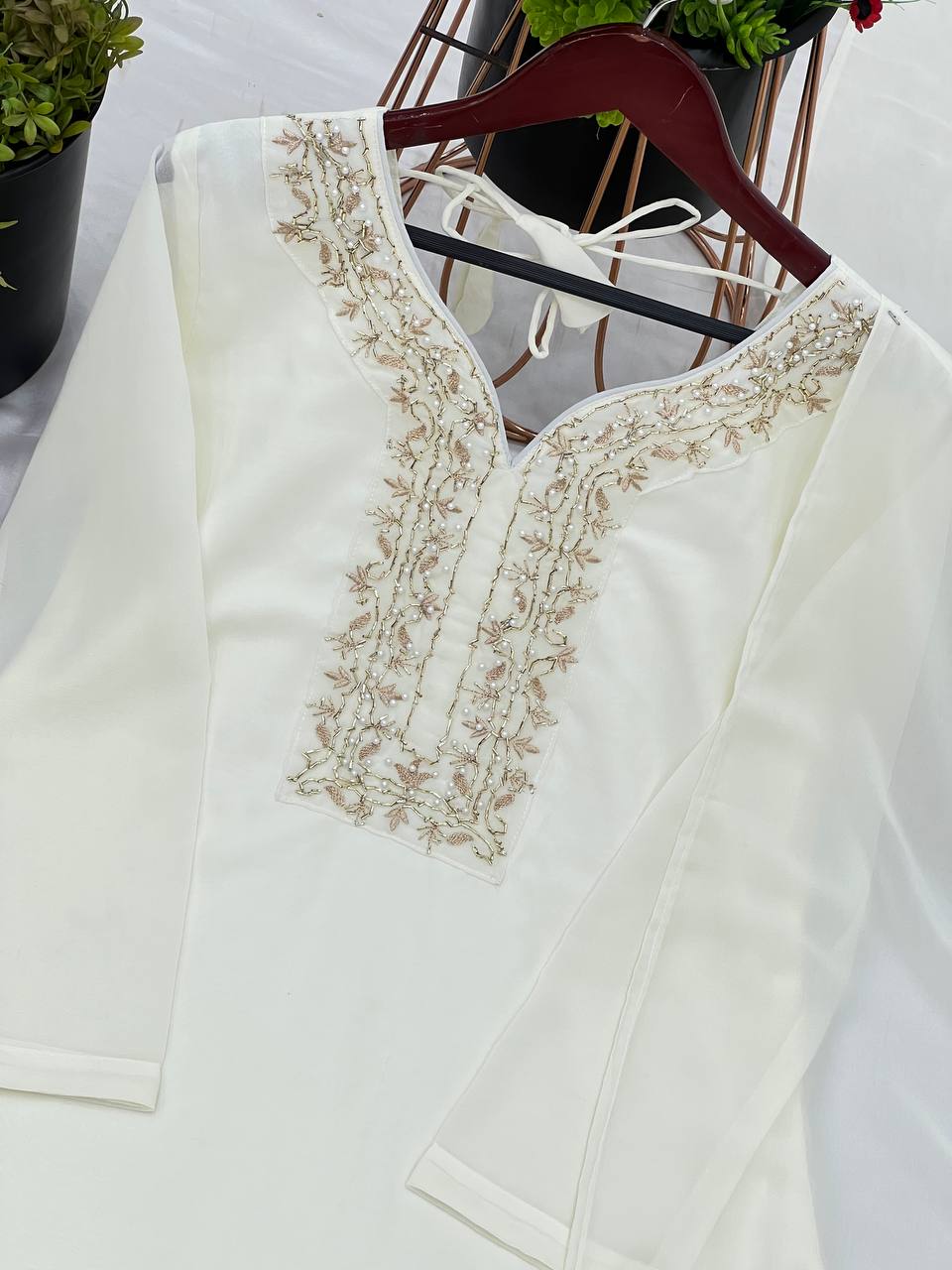 Beautiful White Color Faux Georgette And Embroidery With Hand work And Beads Salwar Suit