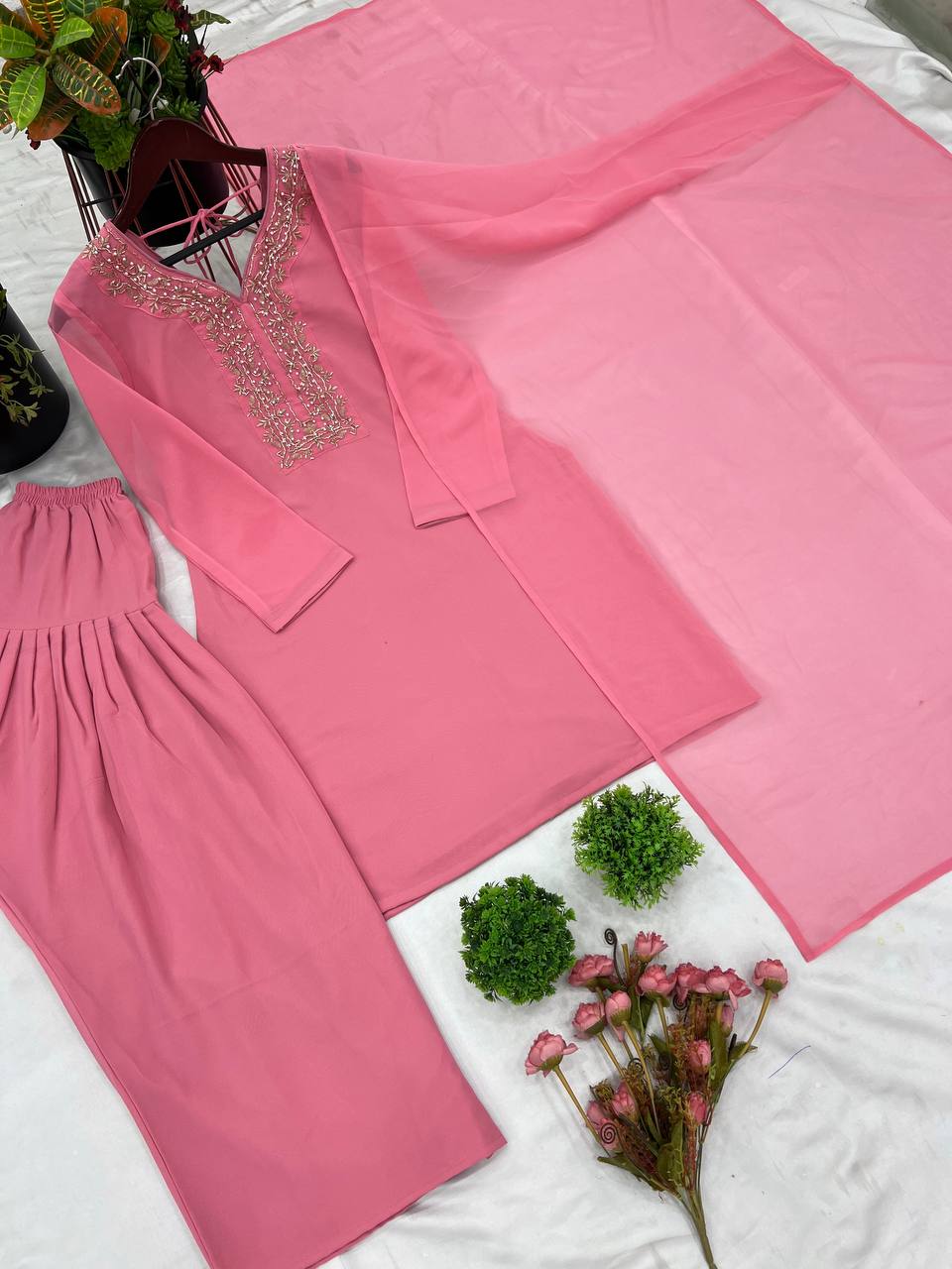 Stunning Pink Color Faux Georgette And Embroidery With Hand work And Beads Salwar Suit