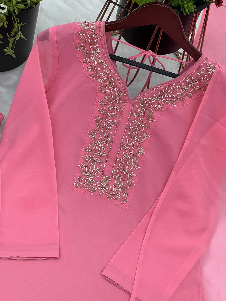 Stunning Pink Color Faux Georgette And Embroidery With Hand work And Beads Salwar Suit