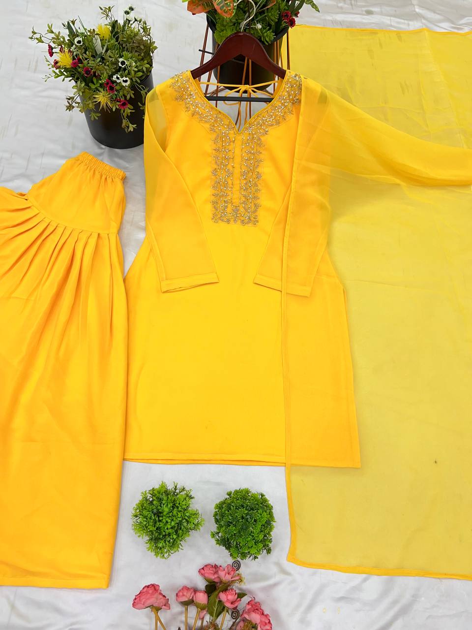 Stylish Yellow Color Faux Georgette And Embroidery With Hand work And Beads Salwar Suit