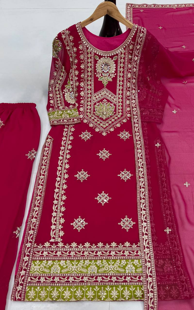 Party Wear Pink Color Heavy Faux Georgette And Embroidery Sequences Work With Peral Moti Salwar Suit