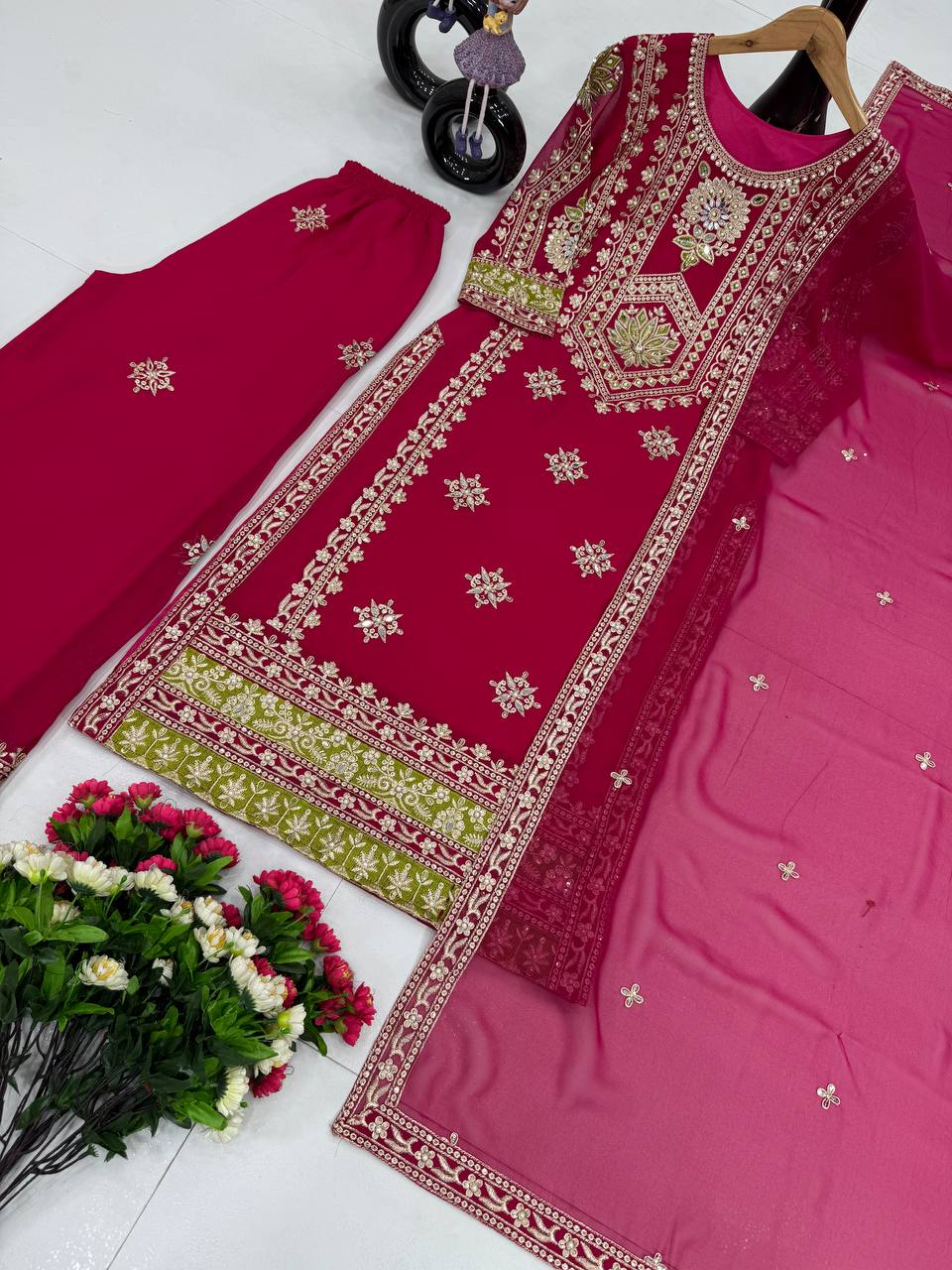 Party Wear Pink Color Heavy Faux Georgette And Embroidery Sequences Work With Peral Moti Salwar Suit