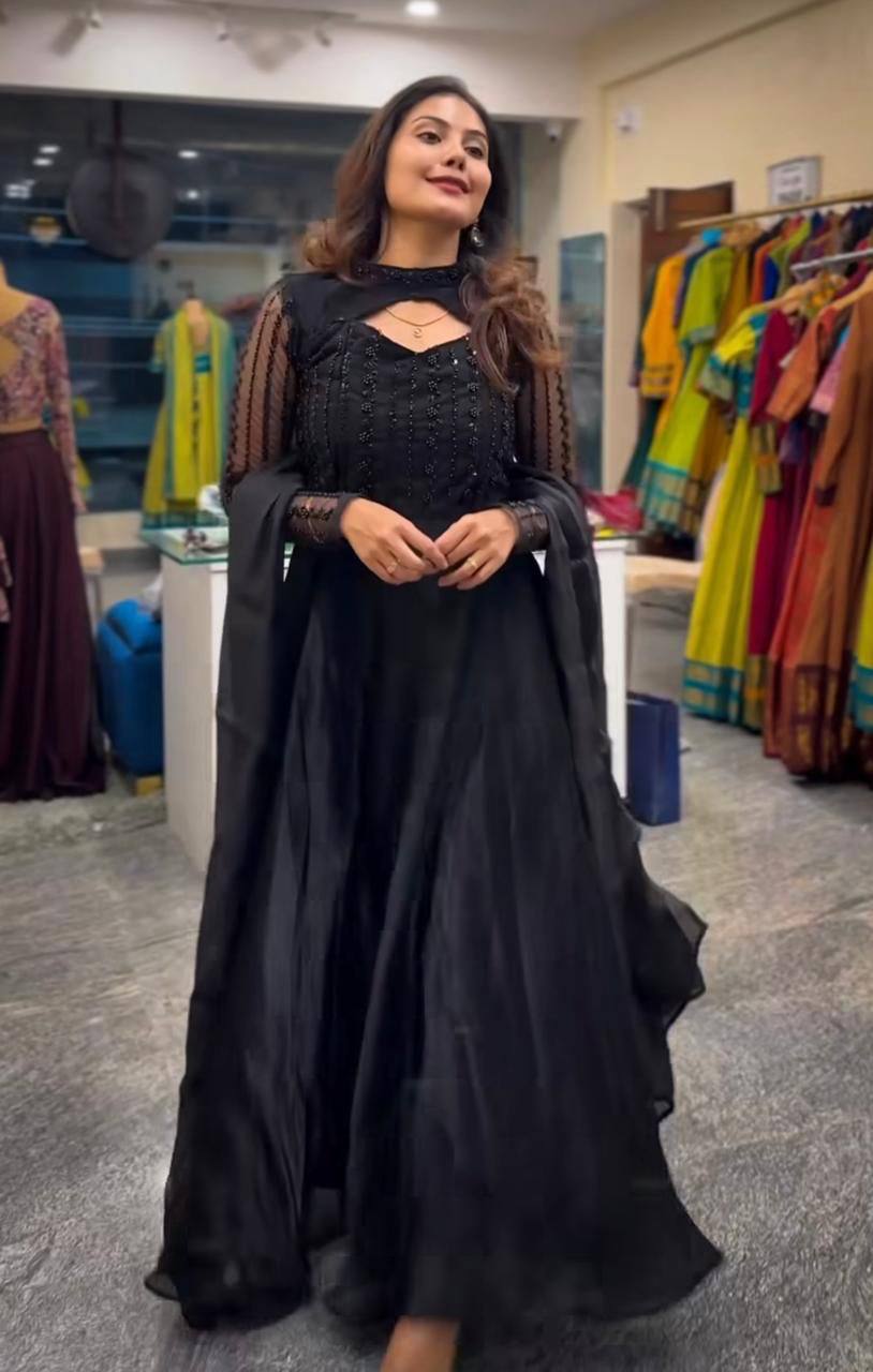Glimmering Black Pure Heavy Jimmy Choo With 5mm Sequence And Embroidery Work Anarkali Gown
