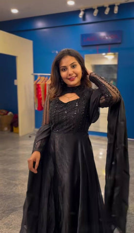 Glimmering Black Pure Heavy Jimmy Choo With 5mm Sequence And Embroidery Work Anarkali Gown