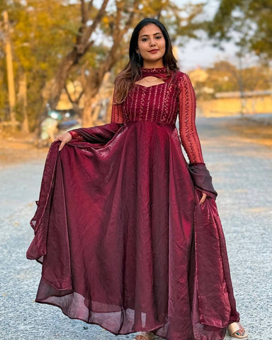 Glimmering Maroon Pure Heavy Jimmy Choo With 5mm Sequence And Embroidery Work Anarkali Gown