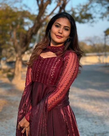 Glimmering Maroon Pure Heavy Jimmy Choo With 5mm Sequence And Embroidery Work Anarkali Gown