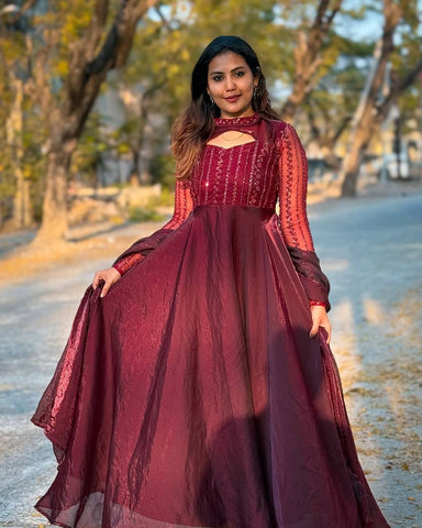 Glimmering Maroon Pure Heavy Jimmy Choo With 5mm Sequence And Embroidery Work Anarkali Gown
