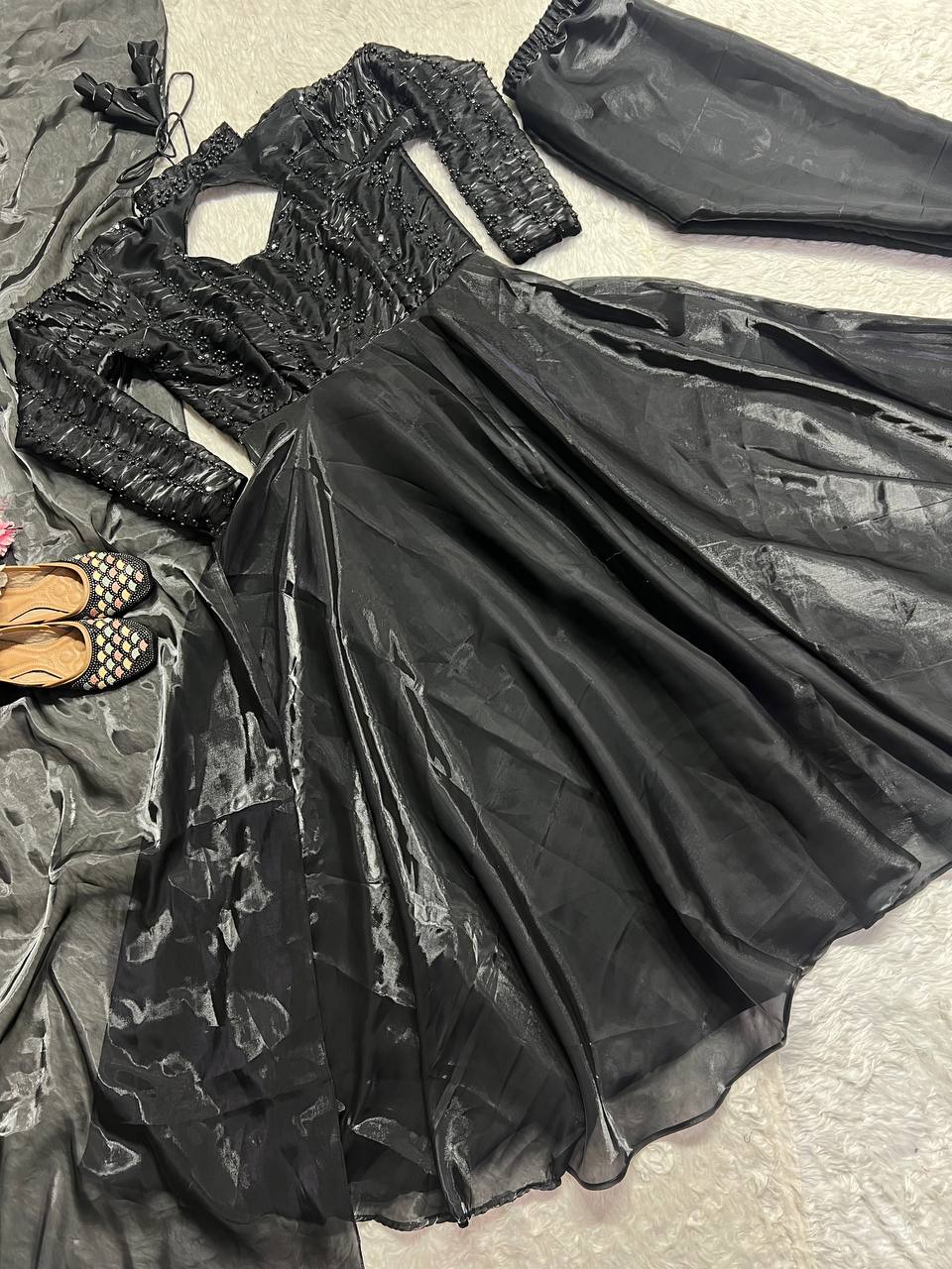 Glimmering Black Pure Heavy Jimmy Choo With 5mm Sequence And Embroidery Work Anarkali Gown