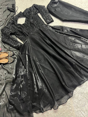 Glimmering Black Pure Heavy Jimmy Choo With 5mm Sequence And Embroidery Work Anarkali Gown