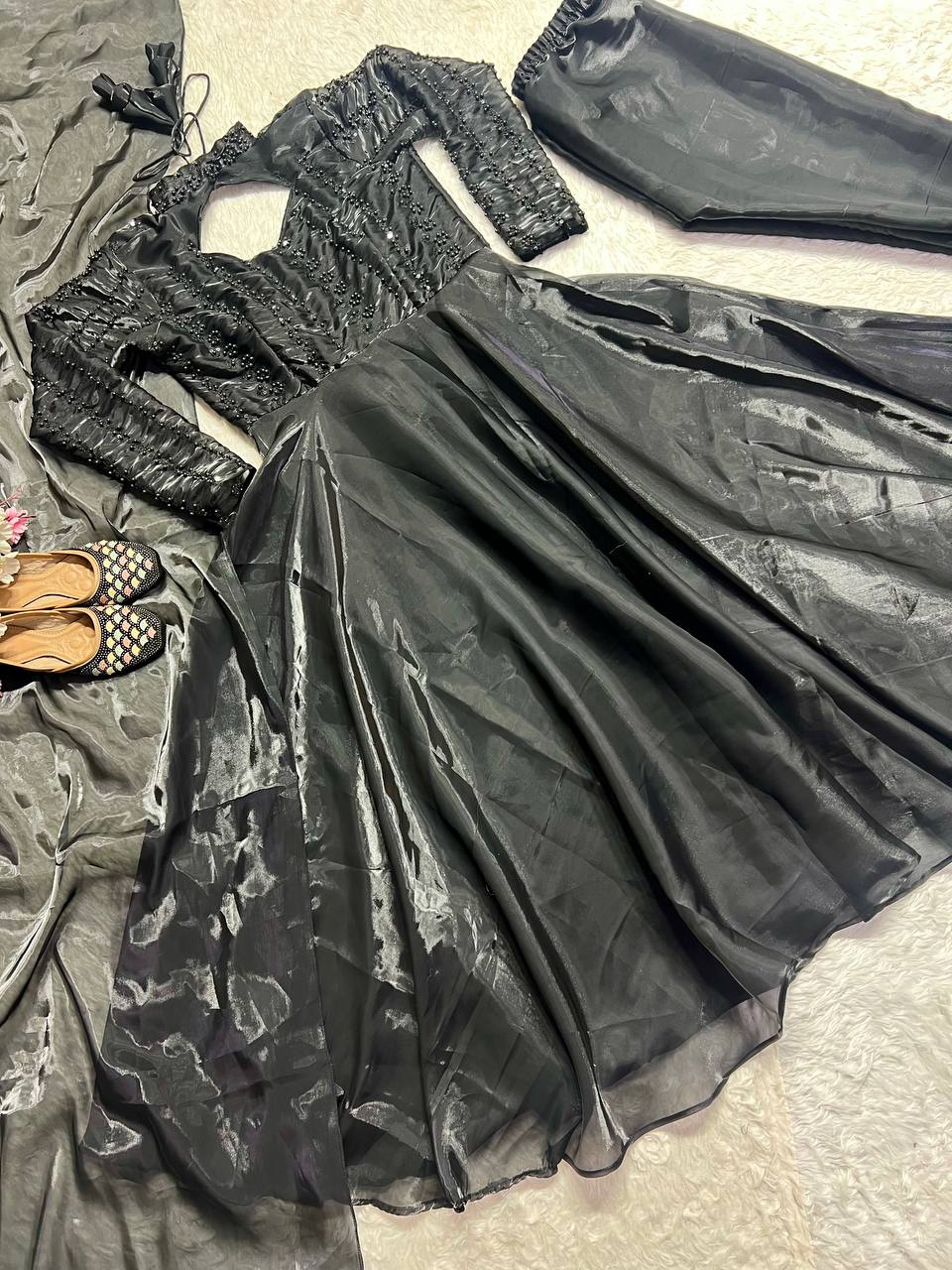 Glimmering Black Pure Heavy Jimmy Choo With 5mm Sequence And Embroidery Work Anarkali Gown