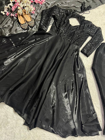 Glimmering Black Pure Heavy Jimmy Choo With 5mm Sequence And Embroidery Work Anarkali Gown