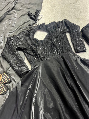 Glimmering Black Pure Heavy Jimmy Choo With 5mm Sequence And Embroidery Work Anarkali Gown