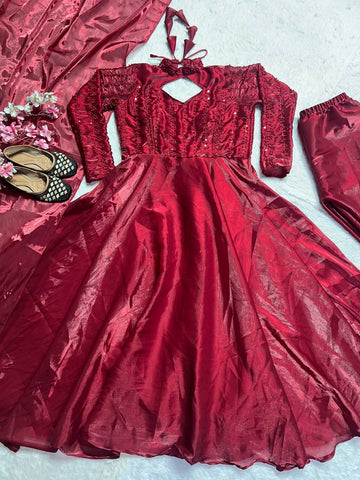 Glimmering Maroon Pure Heavy Jimmy Choo With 5mm Sequence And Embroidery Work Anarkali Gown