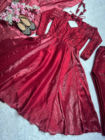 Glimmering Maroon Pure Heavy Jimmy Choo With 5mm Sequence And Embroidery Work Anarkali Gown