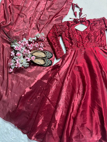 Glimmering Maroon Pure Heavy Jimmy Choo With 5mm Sequence And Embroidery Work Anarkali Gown