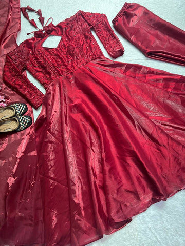 Glimmering Maroon Pure Heavy Jimmy Choo With 5mm Sequence And Embroidery Work Anarkali Gown