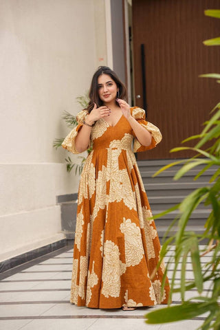 Reception Wear Mustard Color Maslin Fabric Digital Print Work Designer Gown