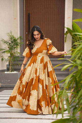 Reception Wear Mustard Color Maslin Fabric Digital Print Work Designer Gown