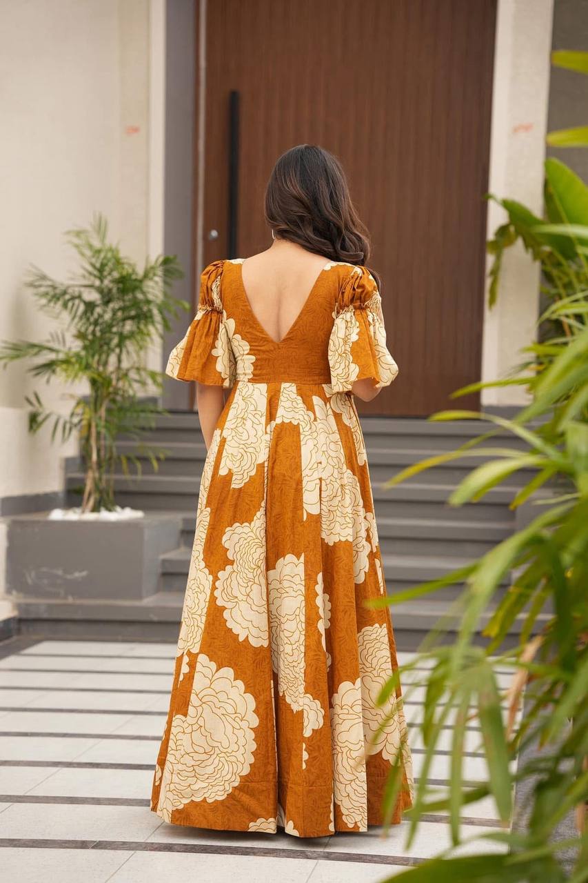 Reception Wear Mustard Color Maslin Fabric Digital Print Work Designer Gown
