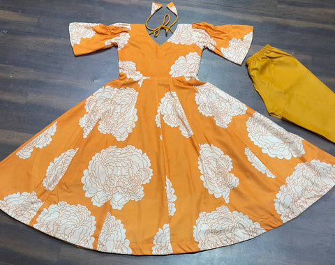 Reception Wear Mustard Color Maslin Fabric Digital Print Work Designer Gown