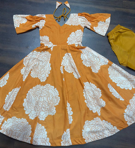 Reception Wear Mustard Color Maslin Fabric Digital Print Work Designer Gown