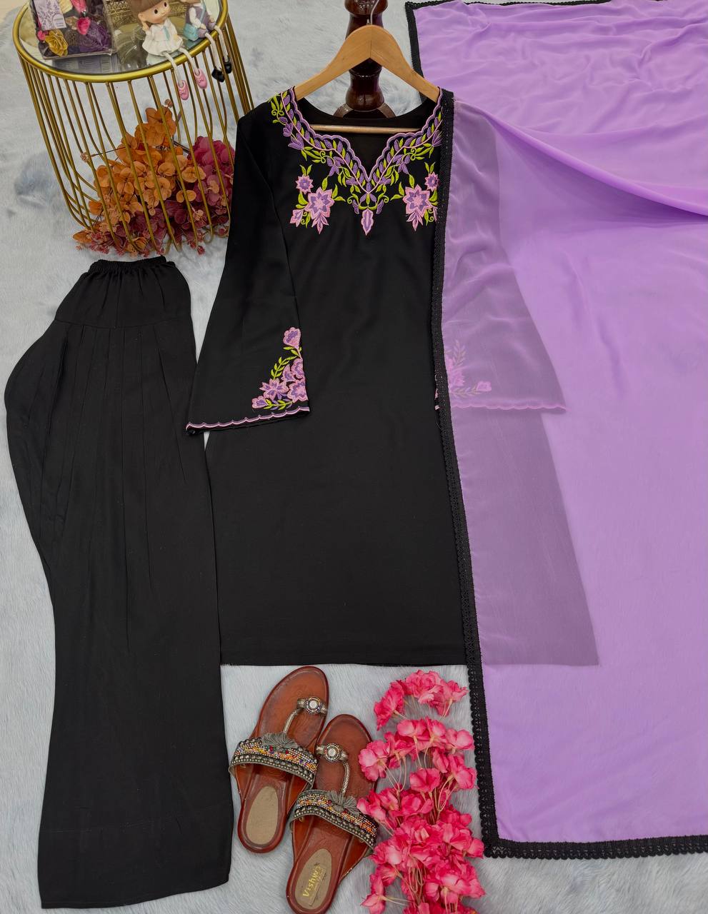Fabulous Black Color Heavy Rayon Silk With Embroidery Work Salwar Suit