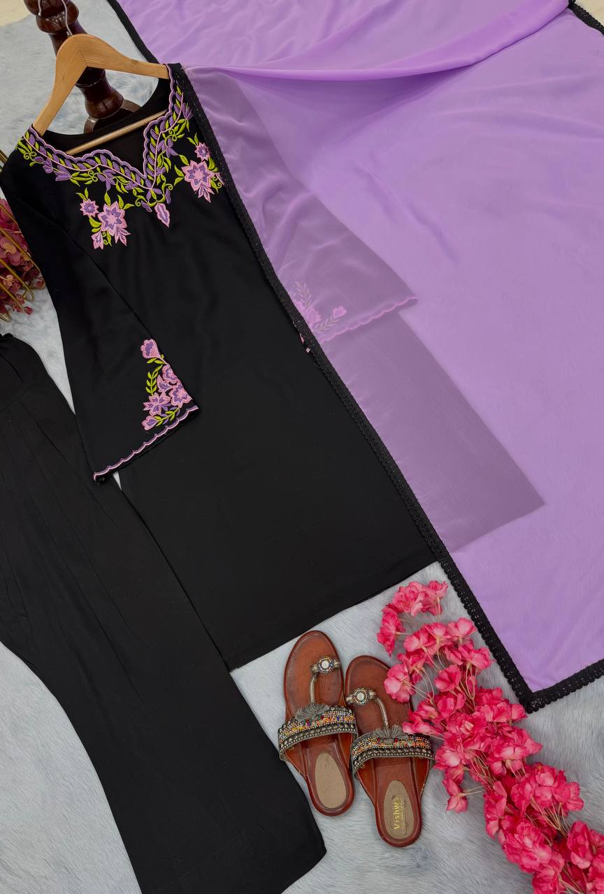 Fabulous Black Color Heavy Rayon Silk With Embroidery Work Salwar Suit