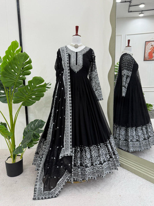Function Wear Black Color Faux Georgette And Thread With Sequence Work Designer Gown