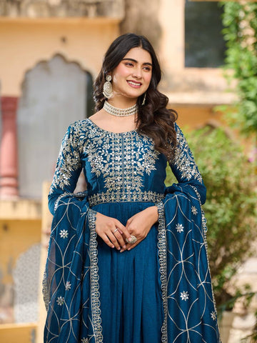 Captivating Teal Blue Color Pure Vichitra Silk And Sequence Embroidery Work Gown
