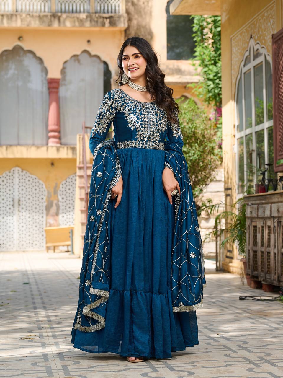 Captivating Teal Blue Color Pure Vichitra Silk And Sequence Embroidery Work Gown