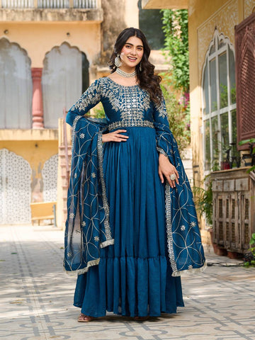 Captivating Teal Blue Color Pure Vichitra Silk And Sequence Embroidery Work Gown