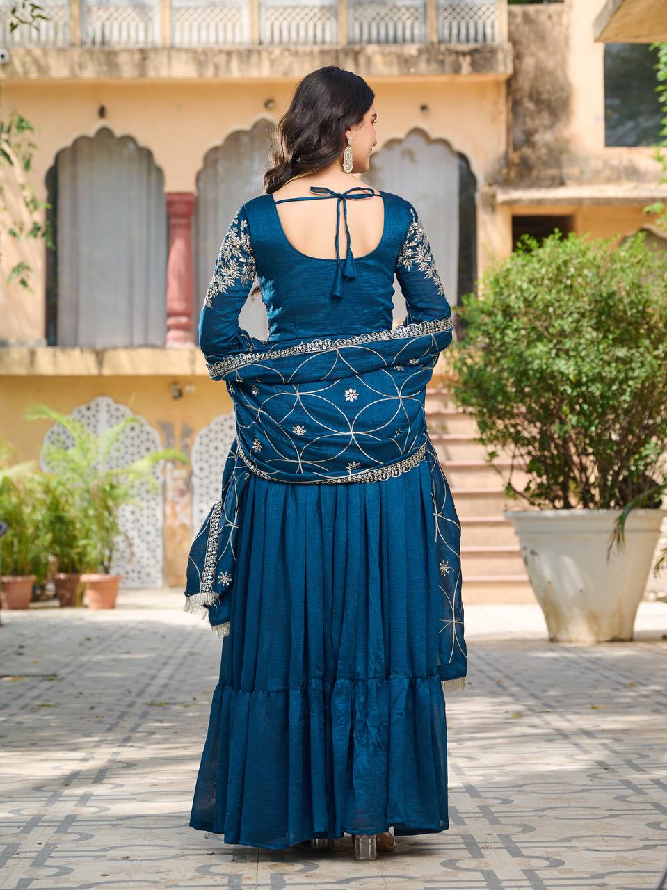 Captivating Teal Blue Color Pure Vichitra Silk And Sequence Embroidery Work Gown