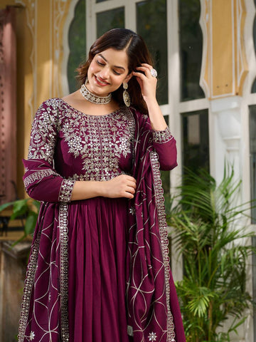 Captivating Wine Color Pure Vichitra Silk And Sequence Embroidery Work Gown