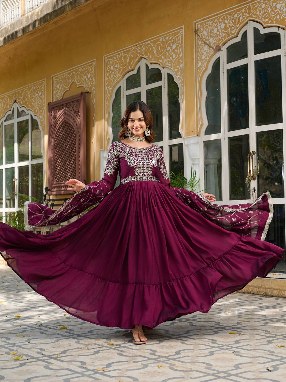 Captivating Wine Color Pure Vichitra Silk And Sequence Embroidery Work Gown