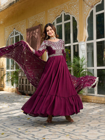 Captivating Wine Color Pure Vichitra Silk And Sequence Embroidery Work Gown