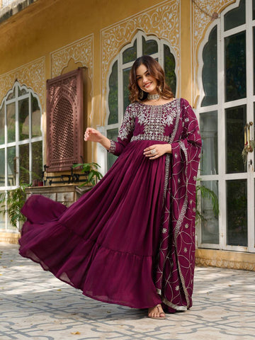 Captivating Wine Color Pure Vichitra Silk And Sequence Embroidery Work Gown