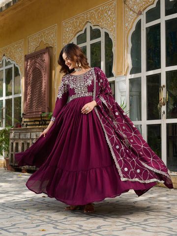Captivating Wine Color Pure Vichitra Silk And Sequence Embroidery Work Gown