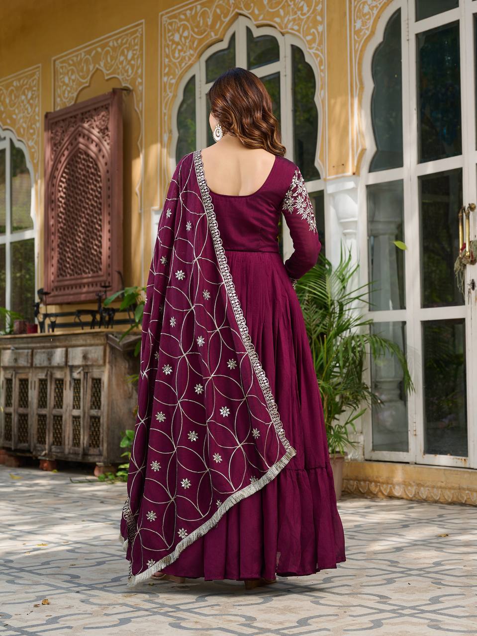 Captivating Wine Color Pure Vichitra Silk And Sequence Embroidery Work Gown