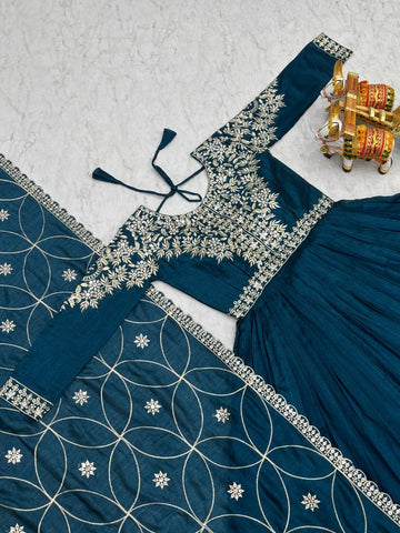 Captivating Teal Blue Color Pure Vichitra Silk And Sequence Embroidery Work Gown