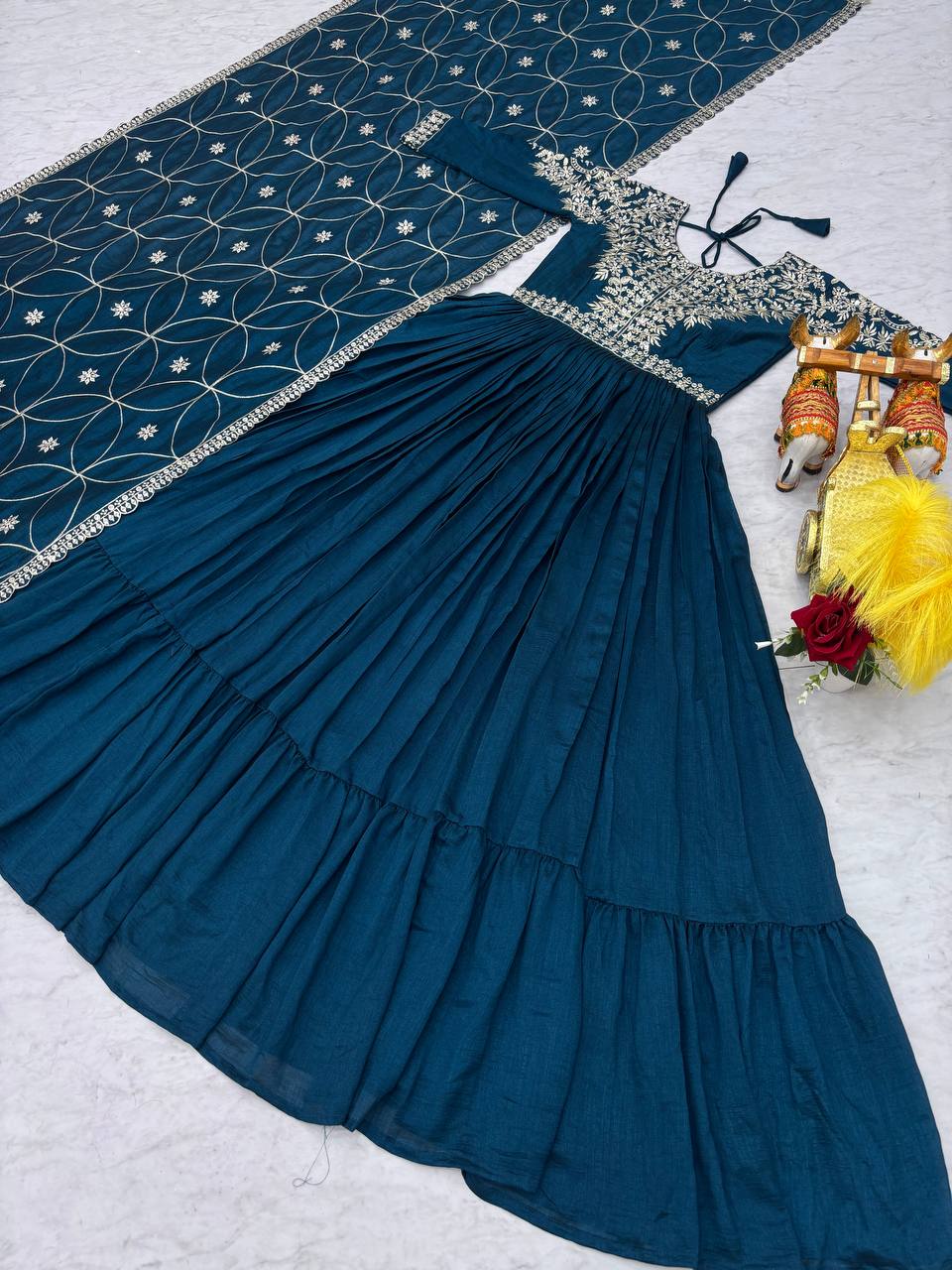Captivating Teal Blue Color Pure Vichitra Silk And Sequence Embroidery Work Gown