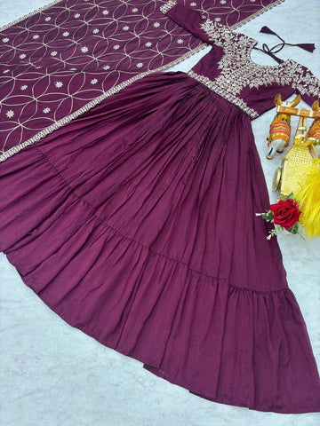 Captivating Wine Color Pure Vichitra Silk And Sequence Embroidery Work Gown