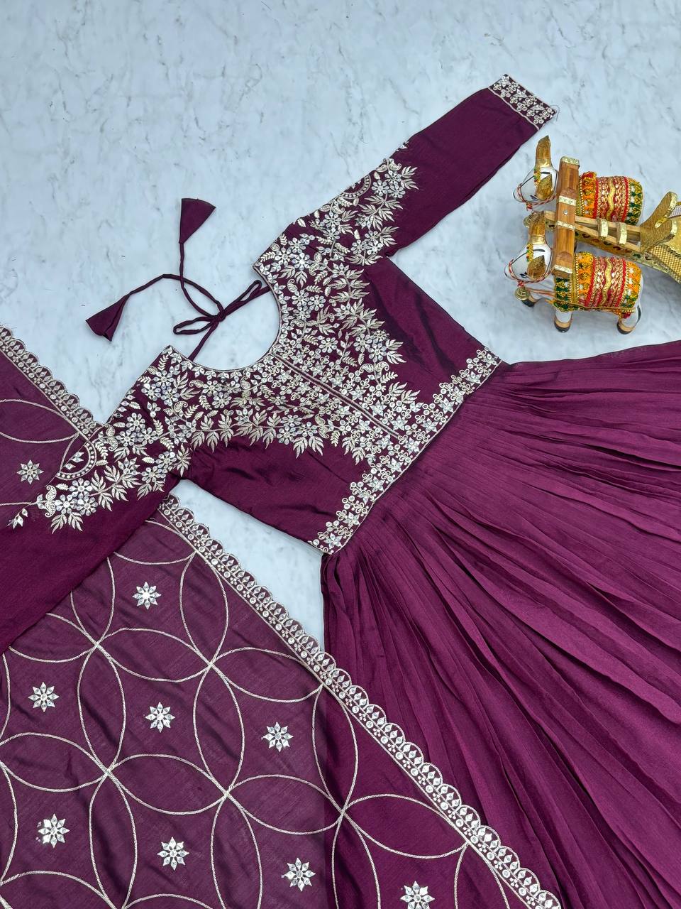 Captivating Wine Color Pure Vichitra Silk And Sequence Embroidery Work Gown