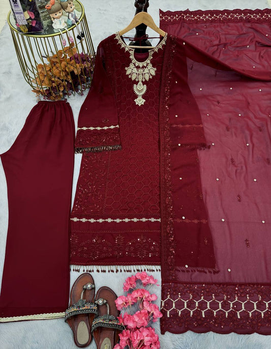 Exclusive Maroon Color Heavy Faux Georgette With Heavy Embroidery Sequence Work Salwar Suit