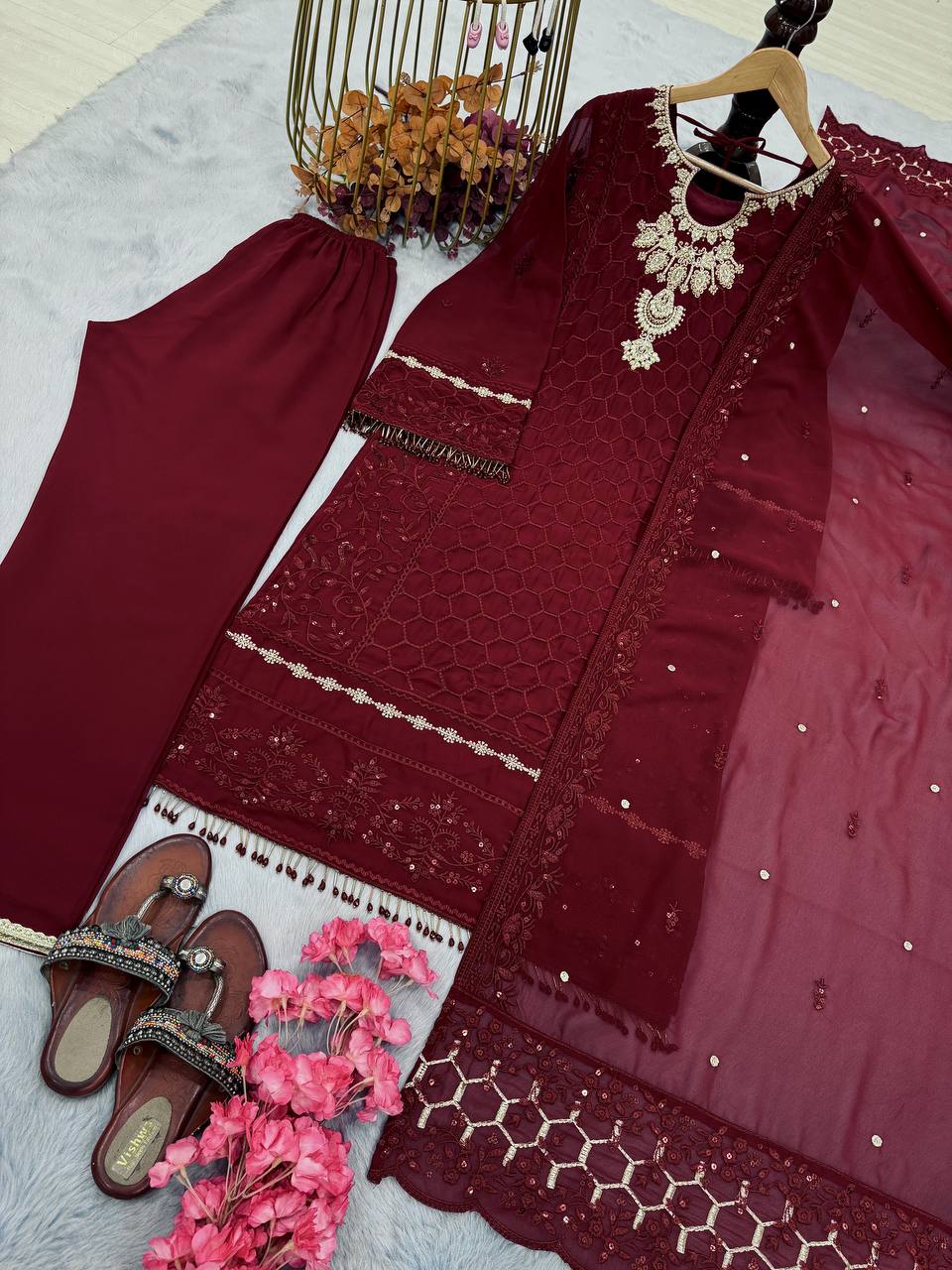 Exclusive Maroon Color Heavy Faux Georgette With Heavy Embroidery Sequence Work Salwar Suit