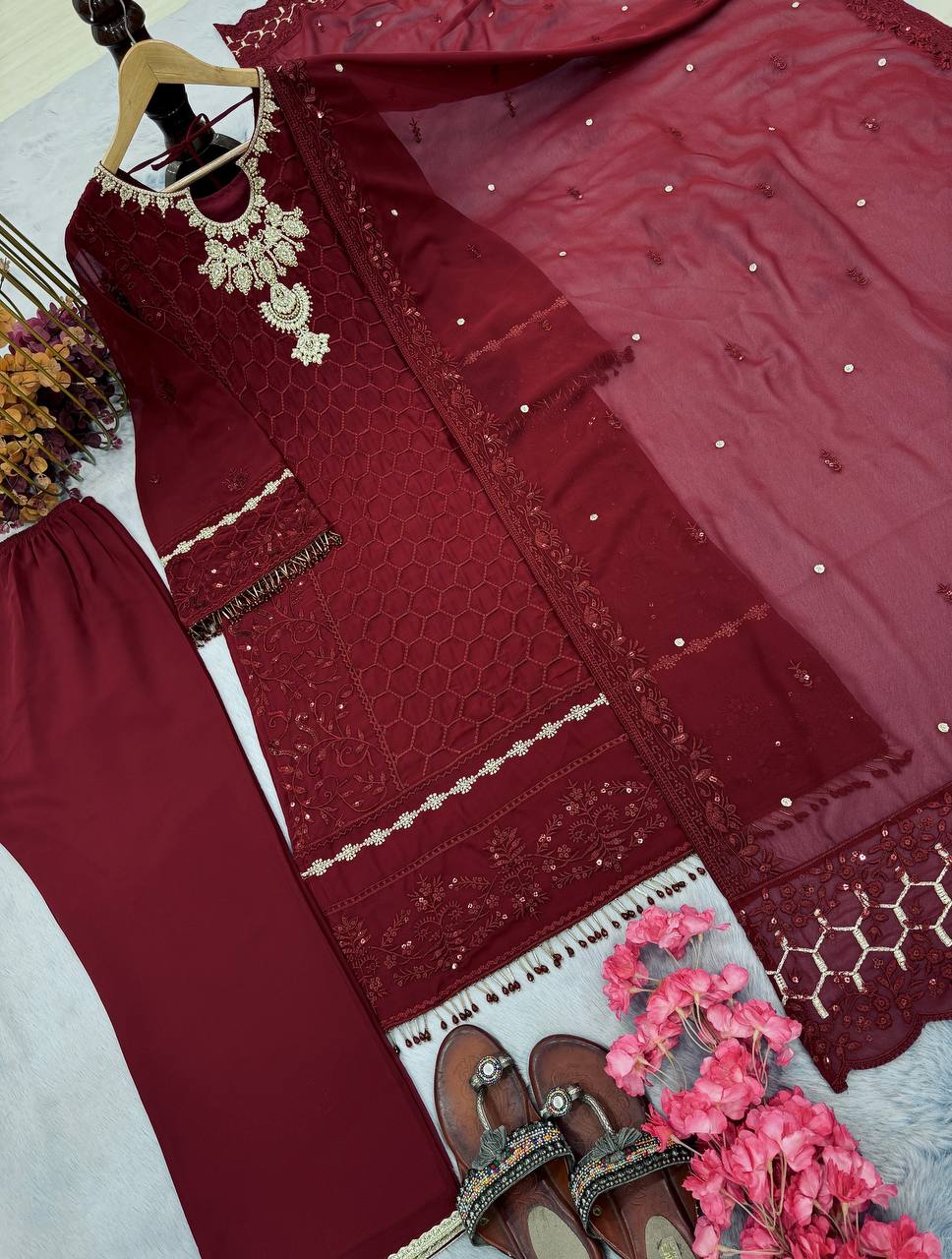 Exclusive Maroon Color Heavy Faux Georgette With Heavy Embroidery Sequence Work Salwar Suit