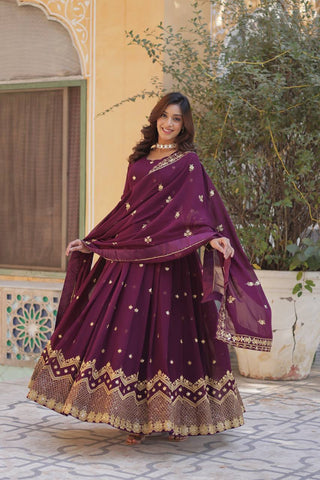 Party Wear Wine Color Faux Georgette With Heavy Embroidery Sequence Work Gown