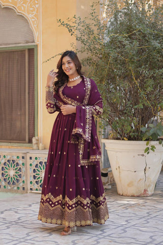 Party Wear Wine Color Faux Georgette With Heavy Embroidery Sequence Work Gown