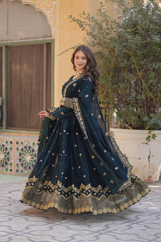 Party Wear Teal Blue Color Faux Georgette With Heavy Embroidery Sequence Work Gown
